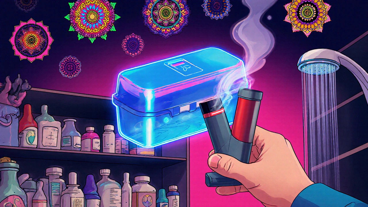 A glowing smart inhaler case with a humidity-sensitive strip turning red, surrounded by calming cosmic patterns.