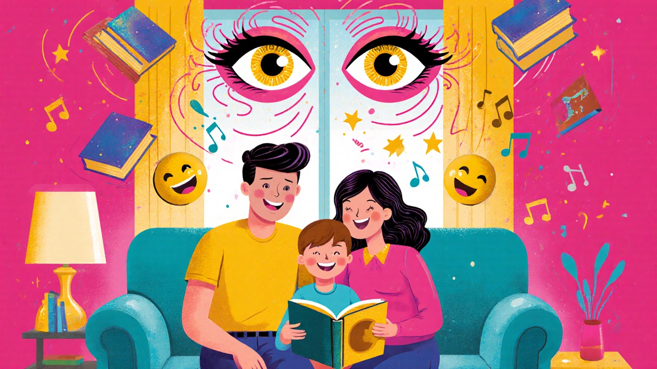 A happy child reading with floating aligned eyes and starry pupils, surrounded by joyful symbols in vibrant colors.