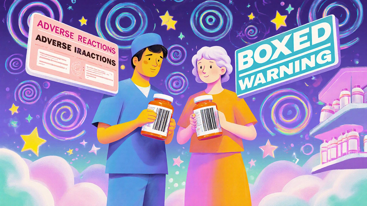 A healthcare worker and caregiver holding pill bottles with glowing NDC codes, surrounded by floating drug label sections.