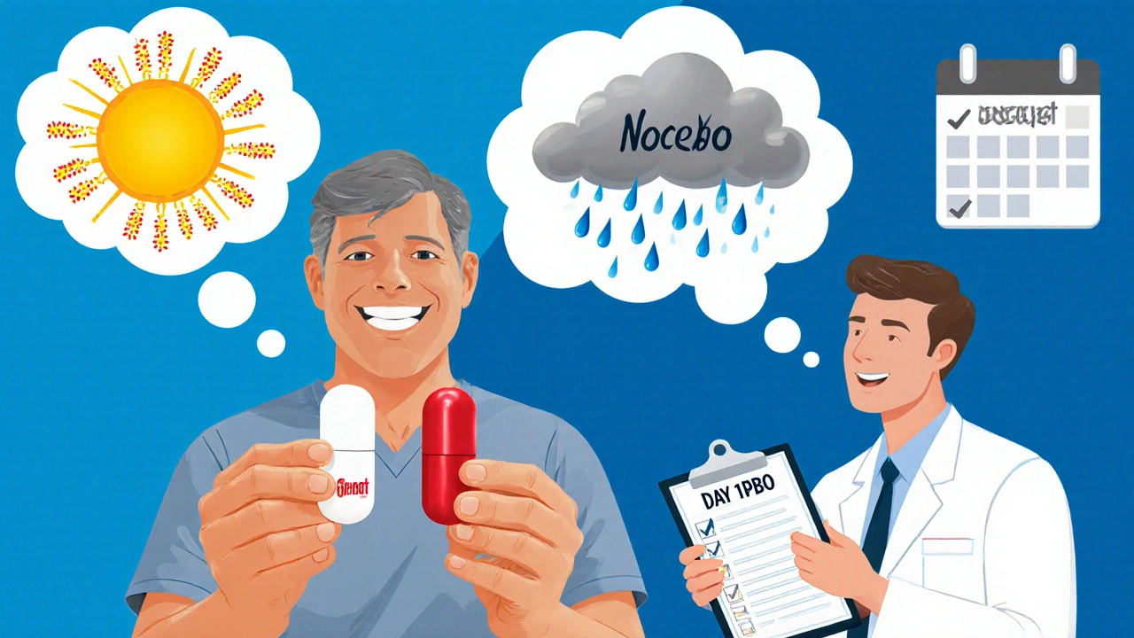A patient holding two pills with thought bubbles showing sunburst vs. storm cloud, symbolizing belief&#039;s impact on medicine.