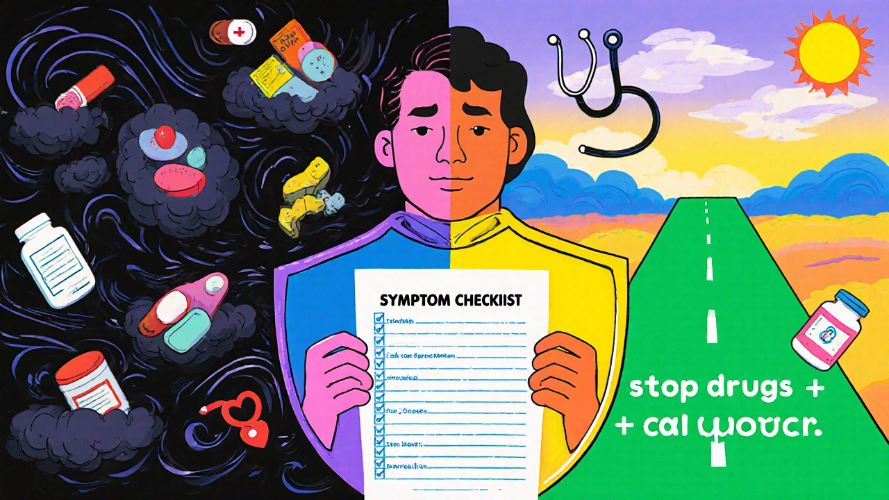A person holding a symptom checklist, standing between dangerous drug clouds and a safe green path.