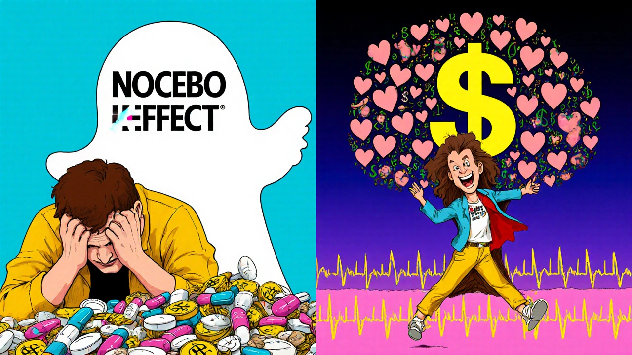 A person smiling with a generic pill while a worried version fades away, symbolizing the nocebo effect and cost savings.