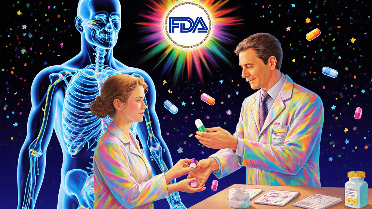 A pharmacist handing a generic pill to a patient, with a glowing human body showing equal drug absorption for both brand and generic versions.