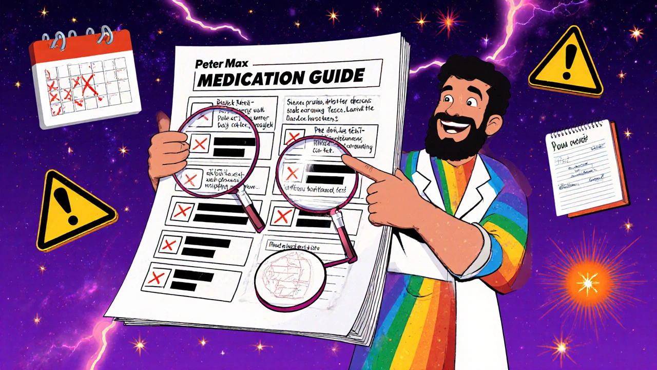 A pharmacist pointing to a giant medication guide with floating blood test and warning icons in vibrant psychedelic art style.