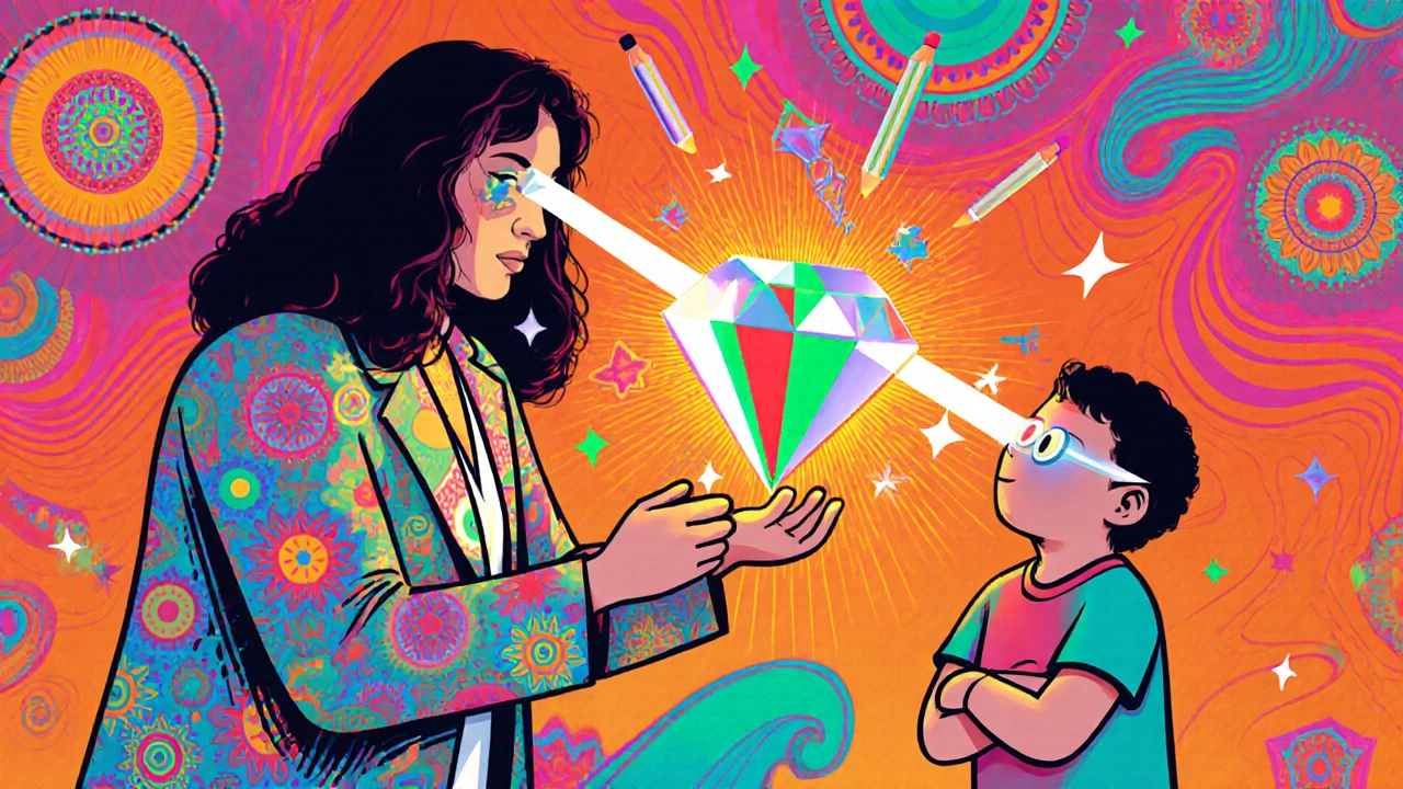 A therapist and child using a stereogram card, with glowing light beams forming a 3D diamond in the air.