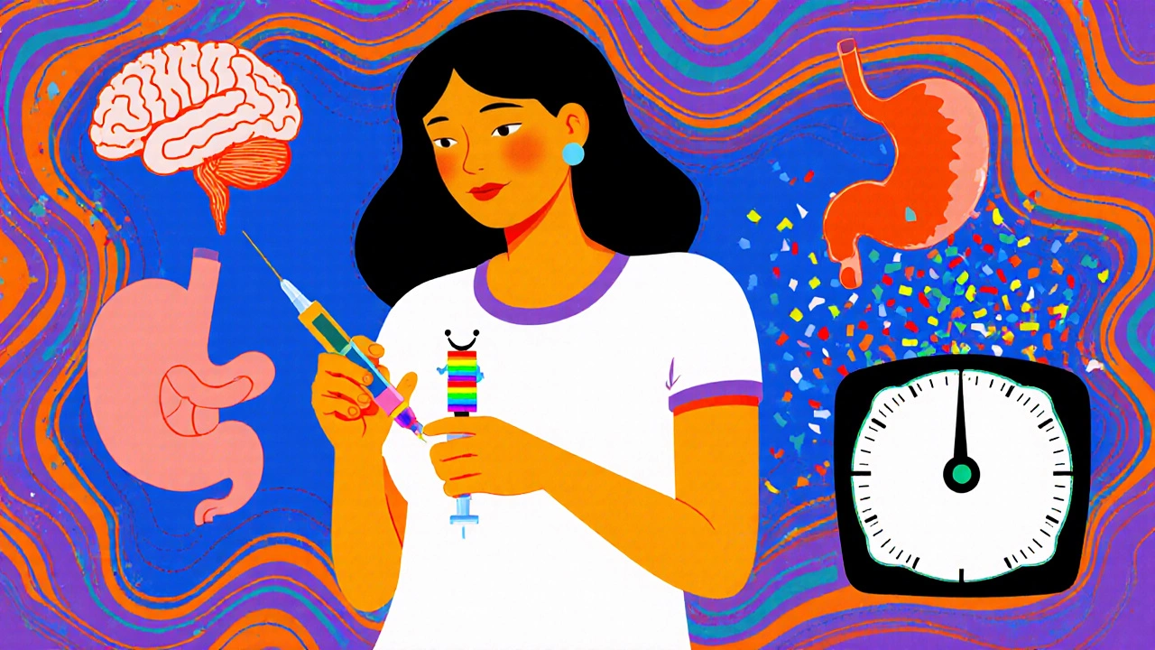 A woman injecting a friendly GLP-1 molecule as her body transforms with floating health icons in vibrant cartoon style.