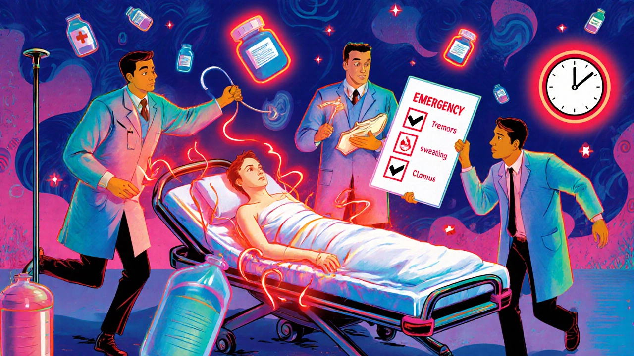 An emergency room patient radiating fever heat as doctors rush with IVs and cooling blankets.