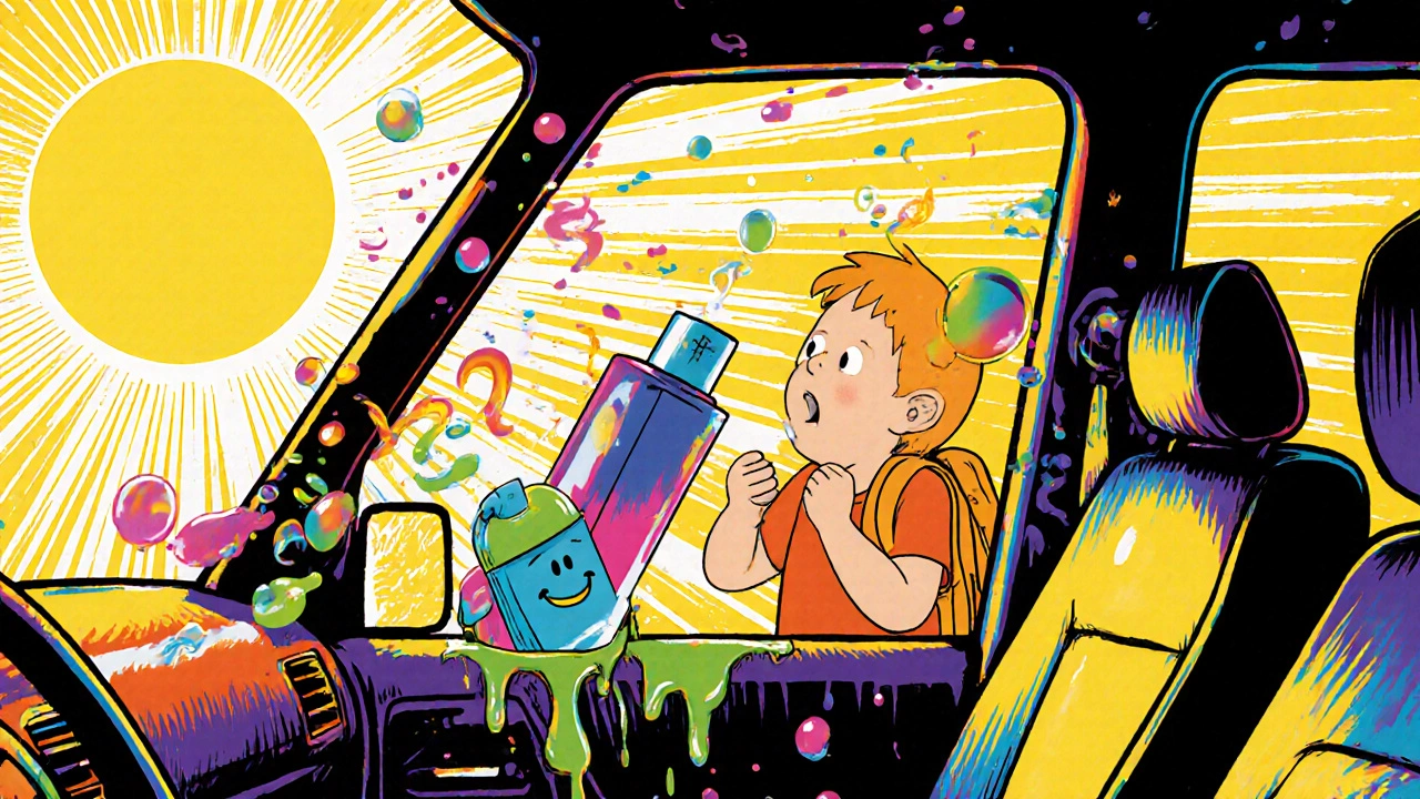 An inhaler overheating in a hot car, with rainbow melting effects and a protective case safely stored in a backpack.