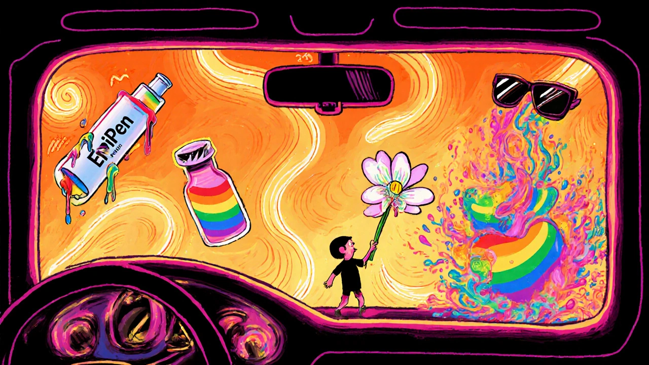 Car interior melting with EpiPen and insulin under extreme heat, surrounded by rainbow waves.