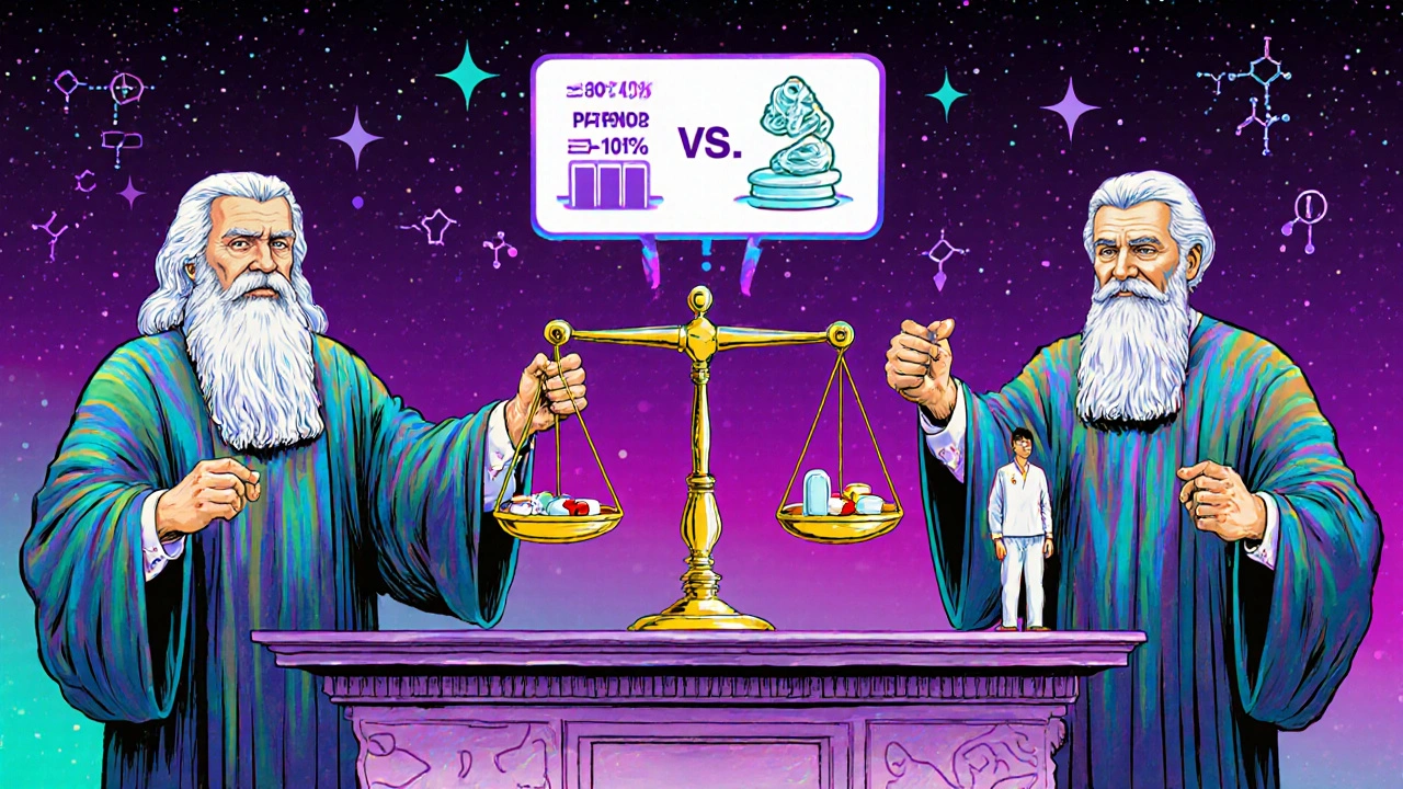 Cosmic regulatory judges balancing brand and generic pills with bioequivalence ranges in vibrant colors