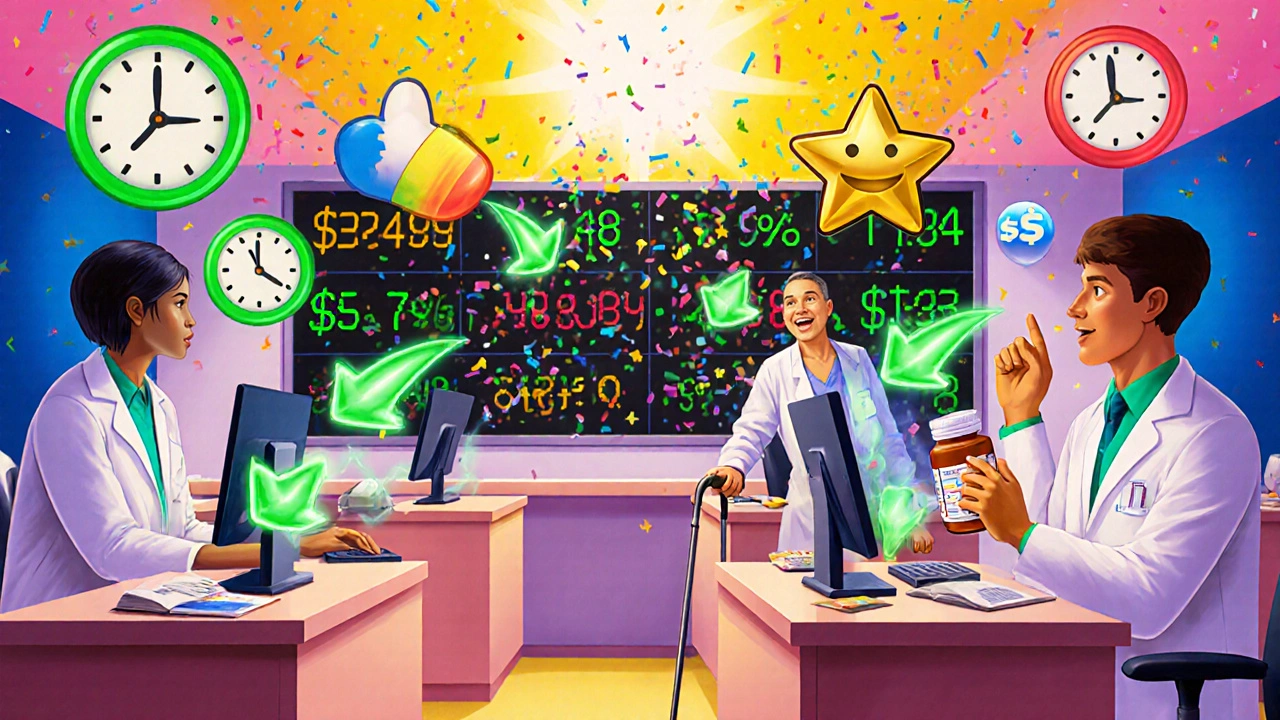 Doctors in a clinic see generic prescriptions auto-selected with glowing green arrows and rising savings stats.