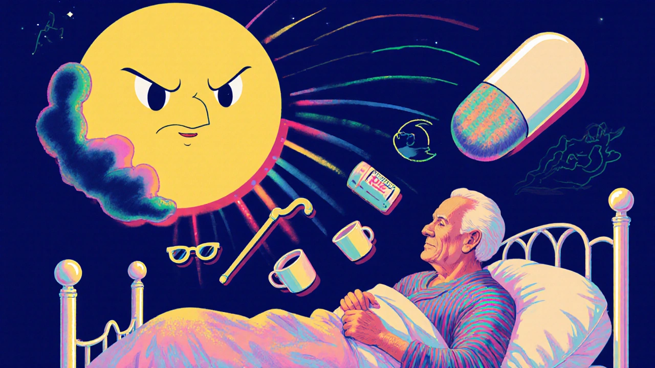 Elderly person in bed with a looming diphenhydramine pill and calming melatonin guide in cosmic style