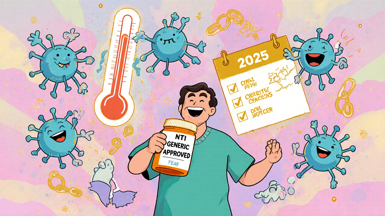 Happy patient with approved NTI generic surrounded by dancing molecules and glowing lab results