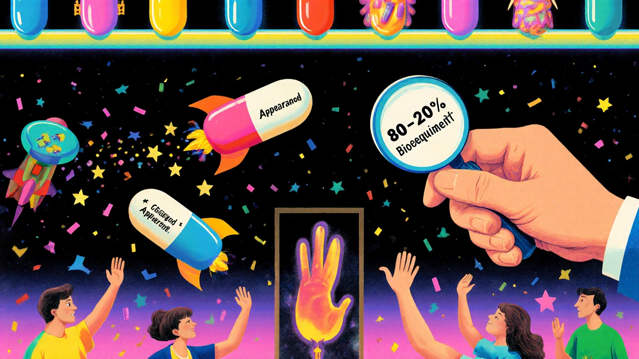Neon-colored generic pills as spaceships, one falling away while others fly in harmony under an FDA bioequivalence magnifier.