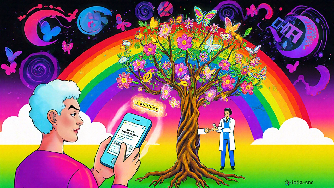 Patient texting a lot number into a flower-shaped phone that grows into a tree of medical alerts.