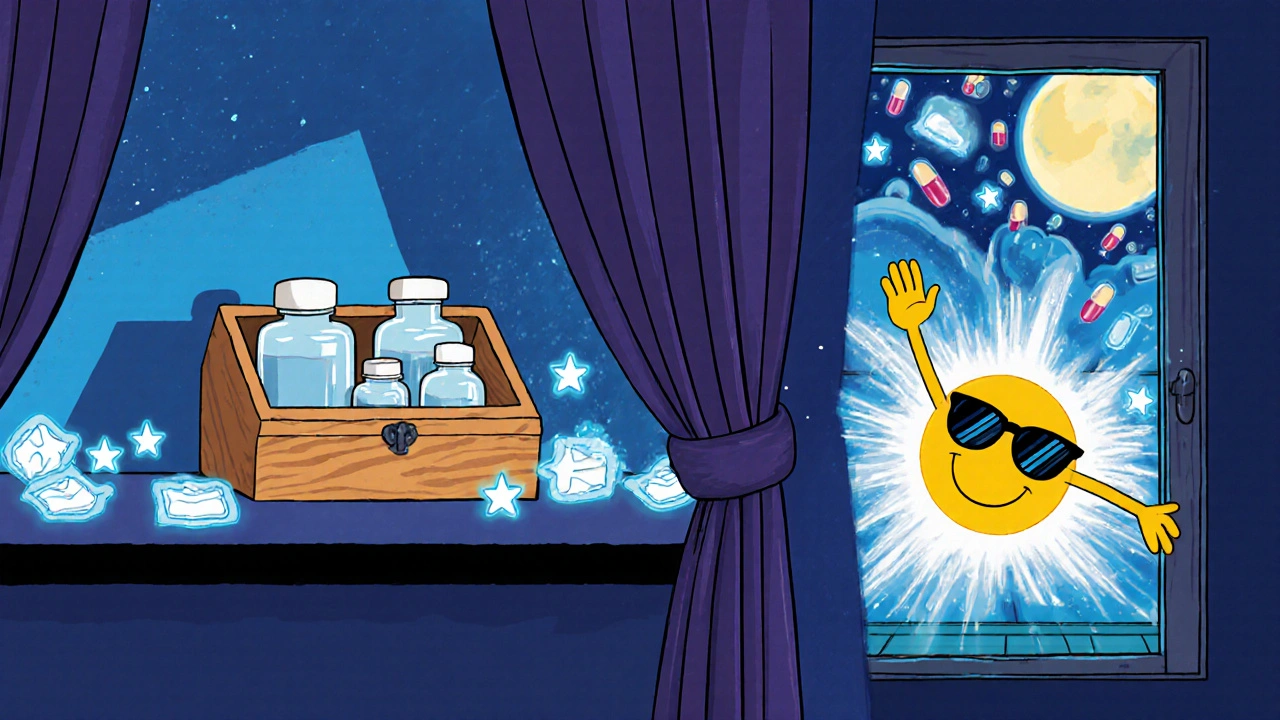 Peaceful bedroom shelf with properly stored meds under moonlight, contrasting chaotic bathroom and kitchen.