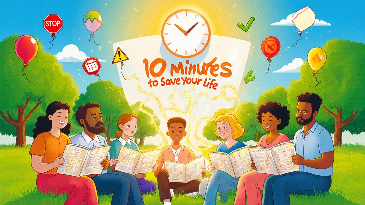 People in a park with medication guides turning into glowing safety maps, surrounded by floating traffic light symbols.