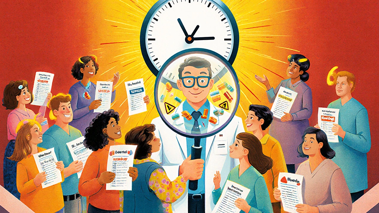 People with medication lists and a doctor revealing hidden drug-hormone interactions under a magnifying glass.