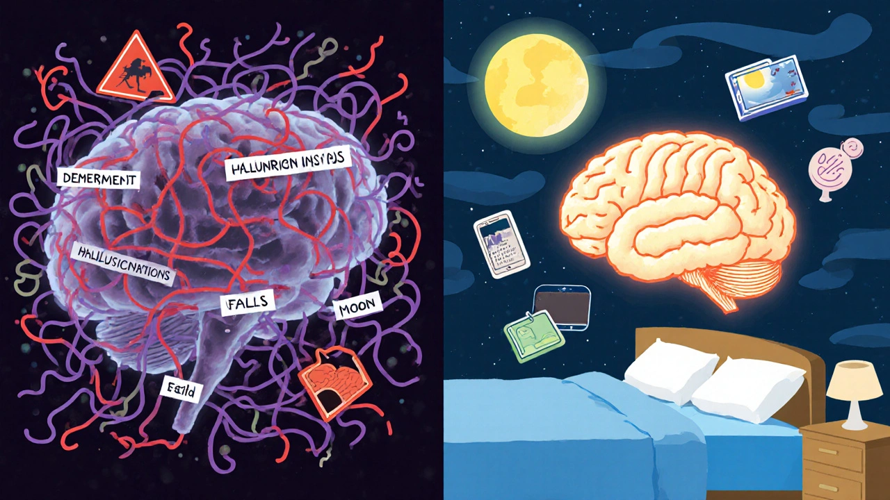 Split brain illustration: chaotic dark brain vs. serene glowing brain with sleep symbols in vibrant colors
