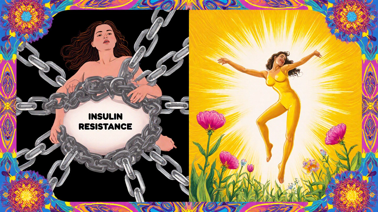 Split illustration: left shows burdened woman with heavy chains, right shows her free and glowing with health symbols.