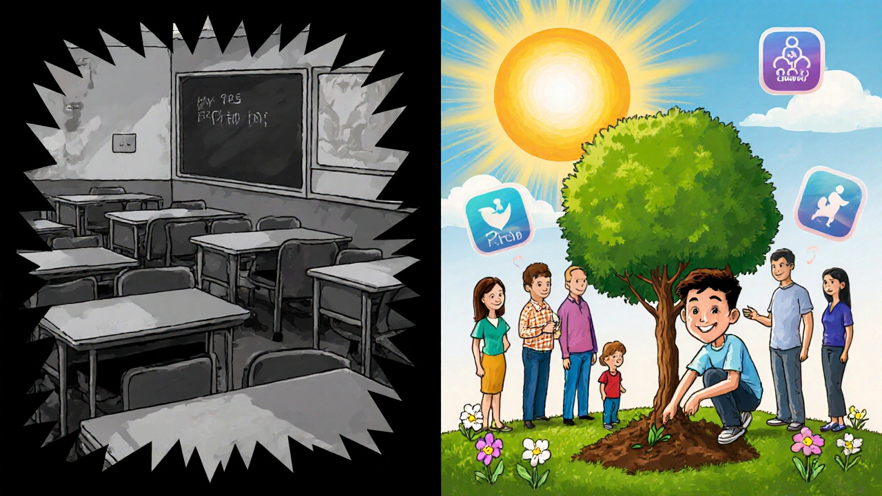 Split scene: lonely teen in grayscale vs. same teen thriving with family and coach, planting a tree under a bright, colorful sun.
