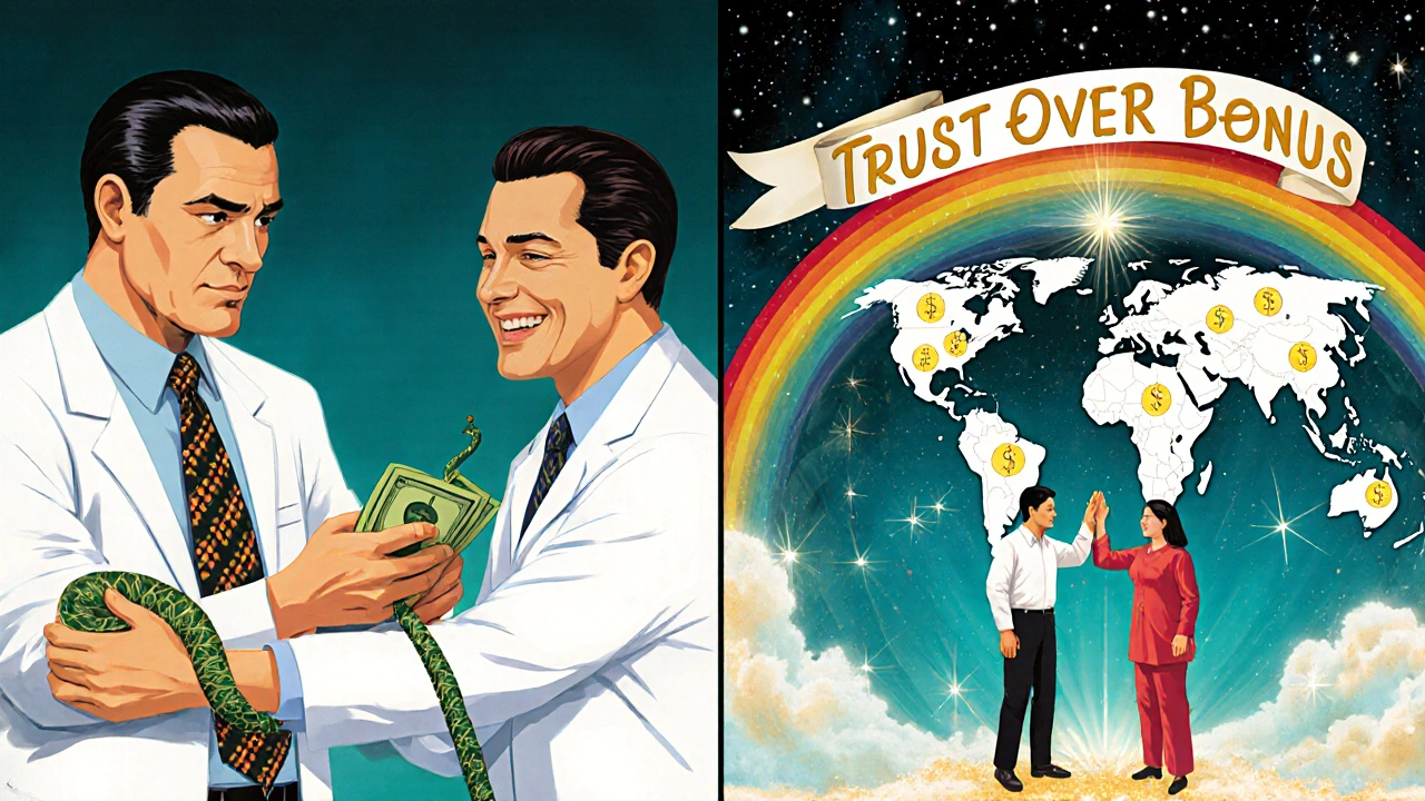Split scene: one side shows a doctor with a shady drug rep, the other shows patient health improving with savings icons.