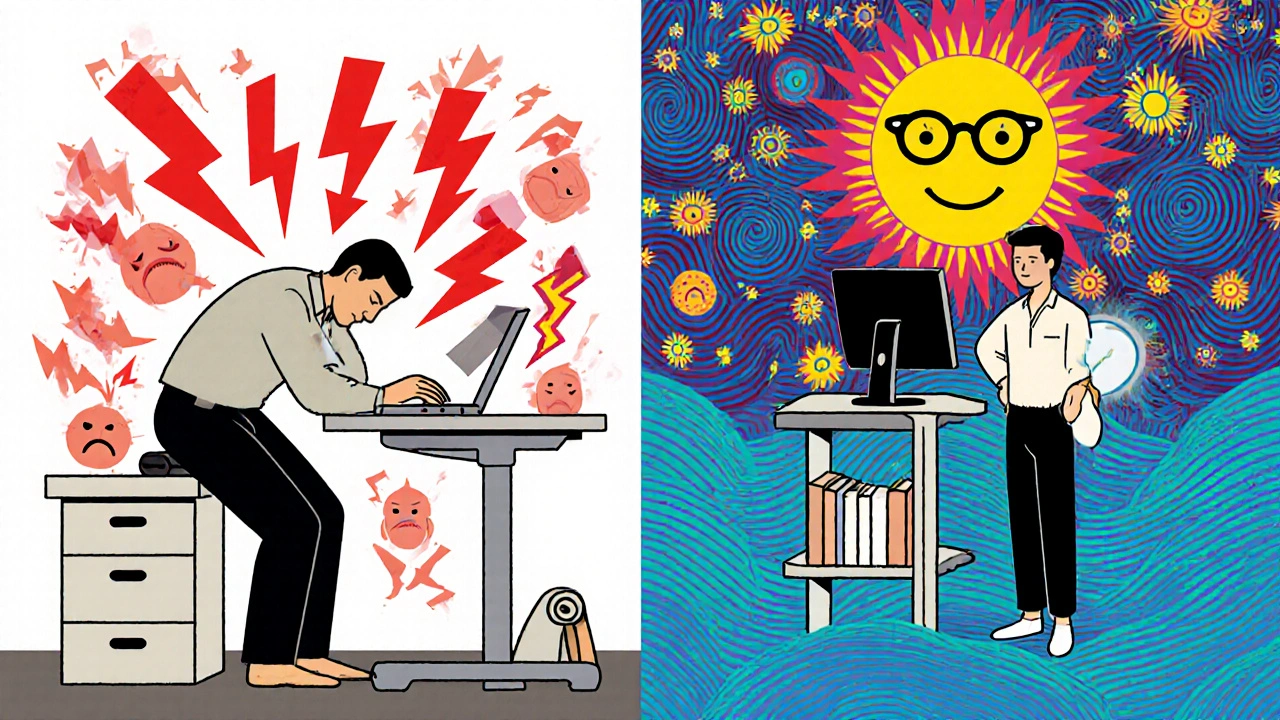 Split-screen contrast: slouched worker in pain vs. adjusted worker with healing energy waves in psychedelic art style.