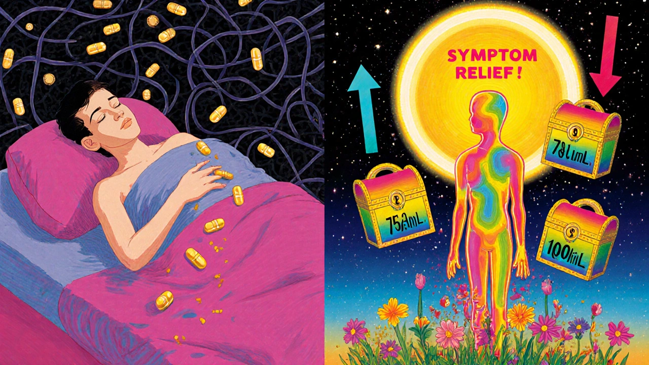 Two contrasting figures: one suffering with dopamine pills, another resting peacefully as iron capsules dissolve into them with rainbow stardust.