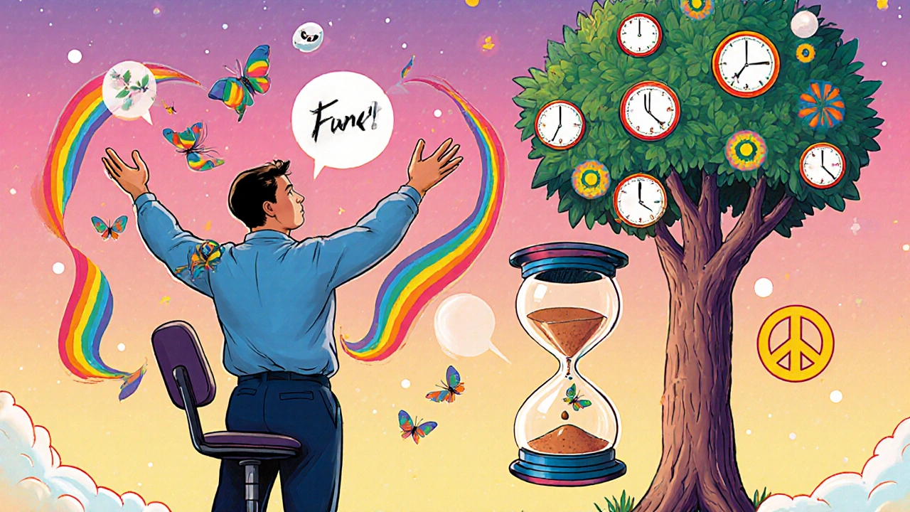 Worker taking a microbreak, hands turning into butterflies, eyes gazing at a clock-tree, surrounded by dancing joints in colorful swirls.