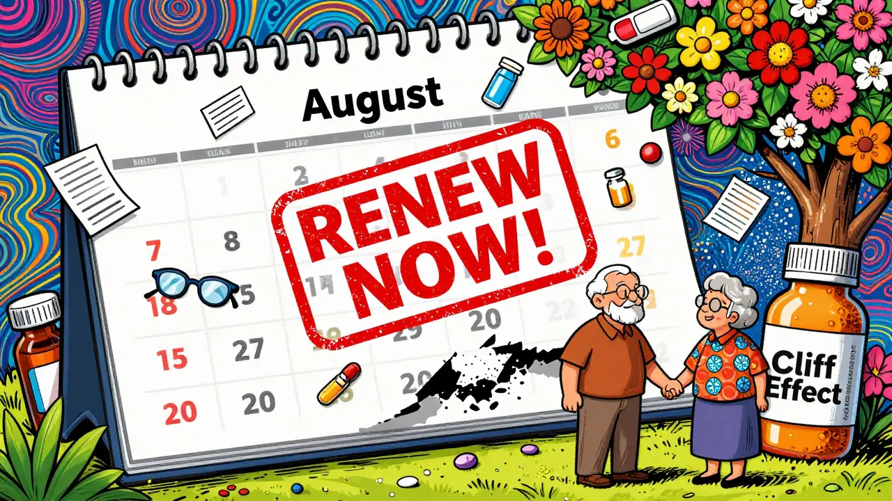 A calendar marked August with a renewal stamp, floating documents, and an elderly couple holding hands under flower-shaped pill bottles.