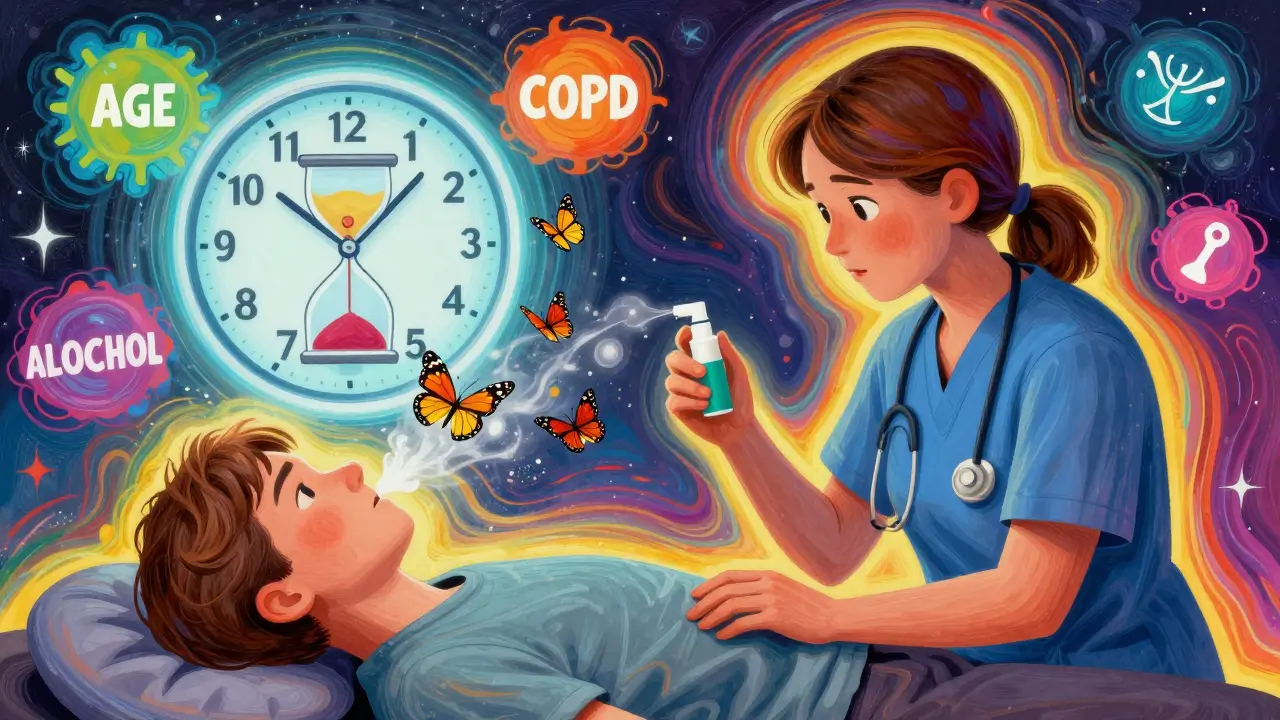 A caregiver holding naloxone beside a loved one as breath turns to fading butterflies.