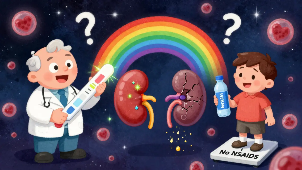 A cartoon doctor with a rainbow urine test strip connecting healthy and damaged kidneys in a vibrant medical dream.