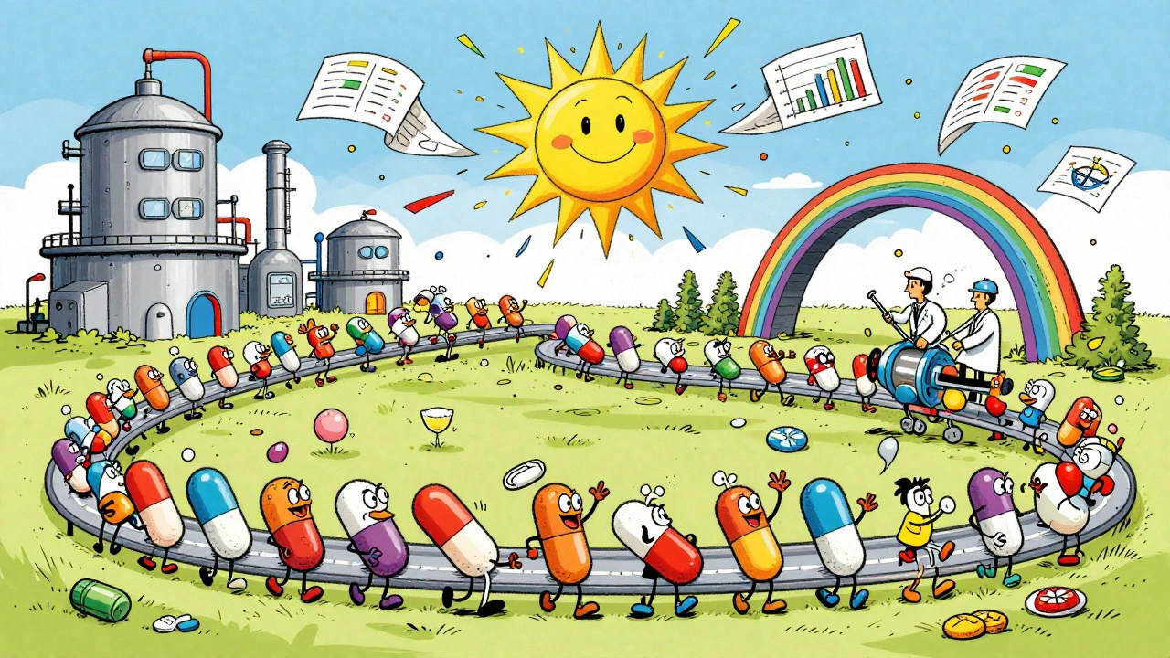A colorful cartoon factory where pill ingredients dance and supply chains stretch across rainbow bridges.