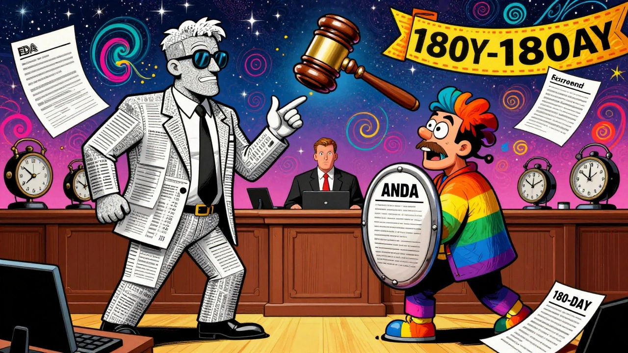 A colorful courtroom battle between a patent-covered brand drug and a rainbow generic challenger under an FDA gavel.