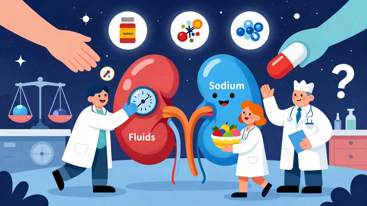 A colorful medical team adjusting a kidney’s fluid and sodium dials in a cosmic clinic.