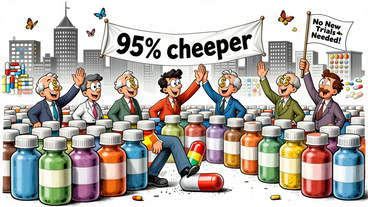 A crowd of rainbow generic pills crushing a branded pill, with six companies celebrating and a &#039;95% cheaper&#039; banner.