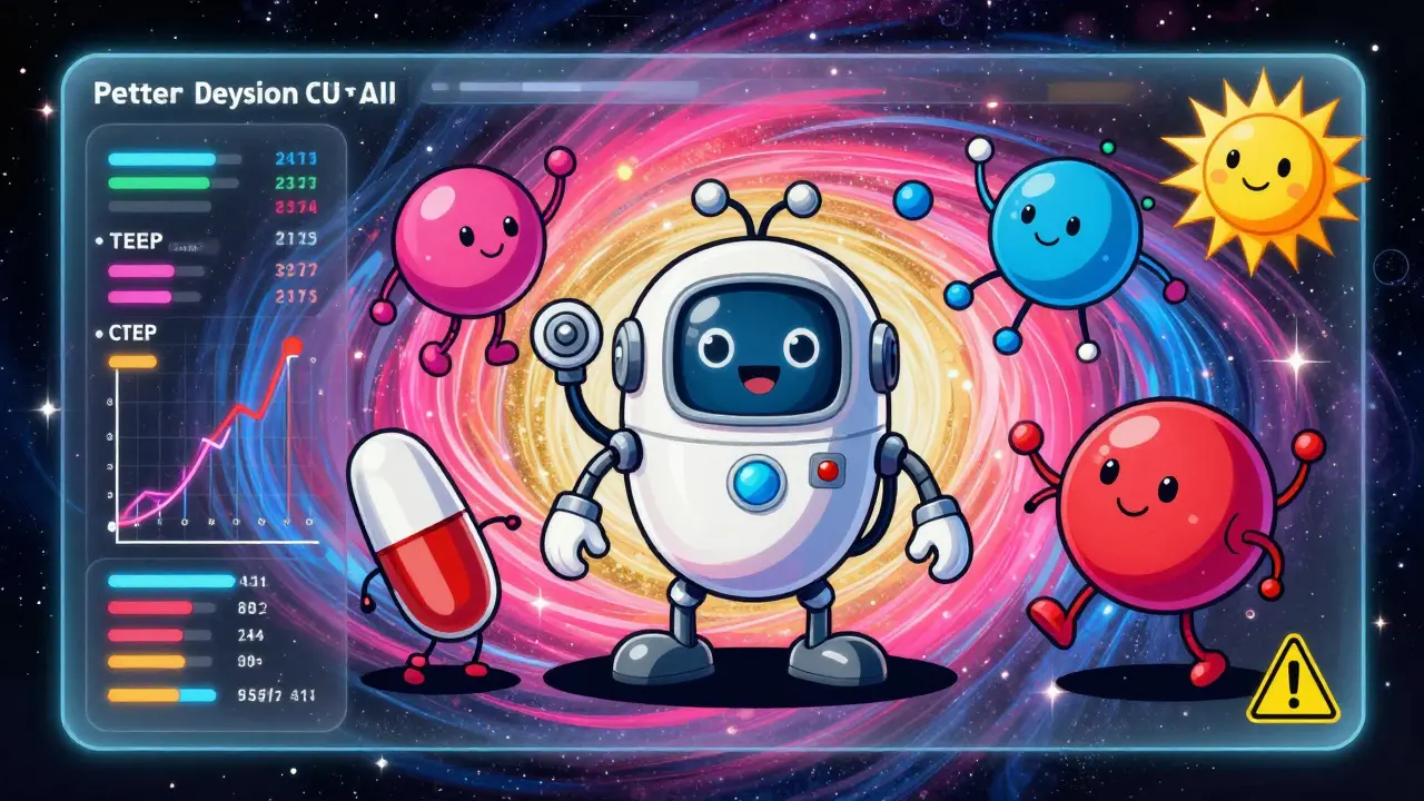 A friendly robot co-pilot dances with animated lab results and warning flags in a cosmic dashboard.