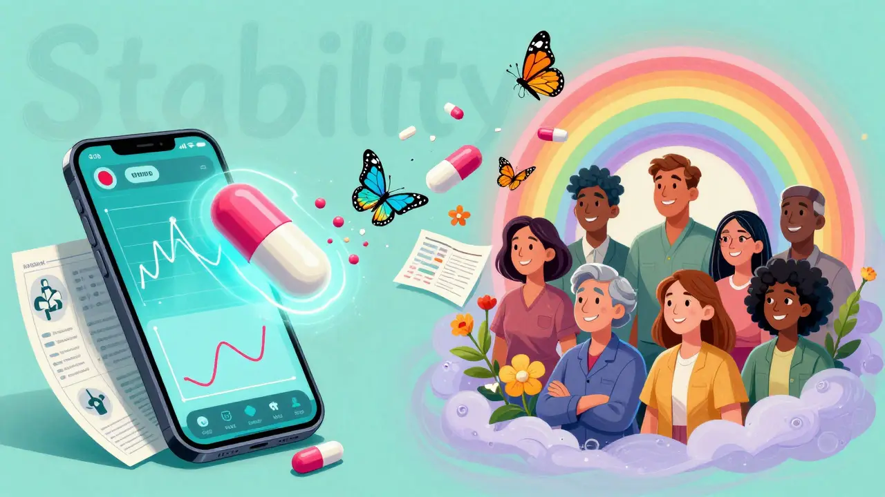 A glowing digital pill transforms into butterflies and flowers, symbolizing safe thyroid care with calm colors and telehealth imagery.