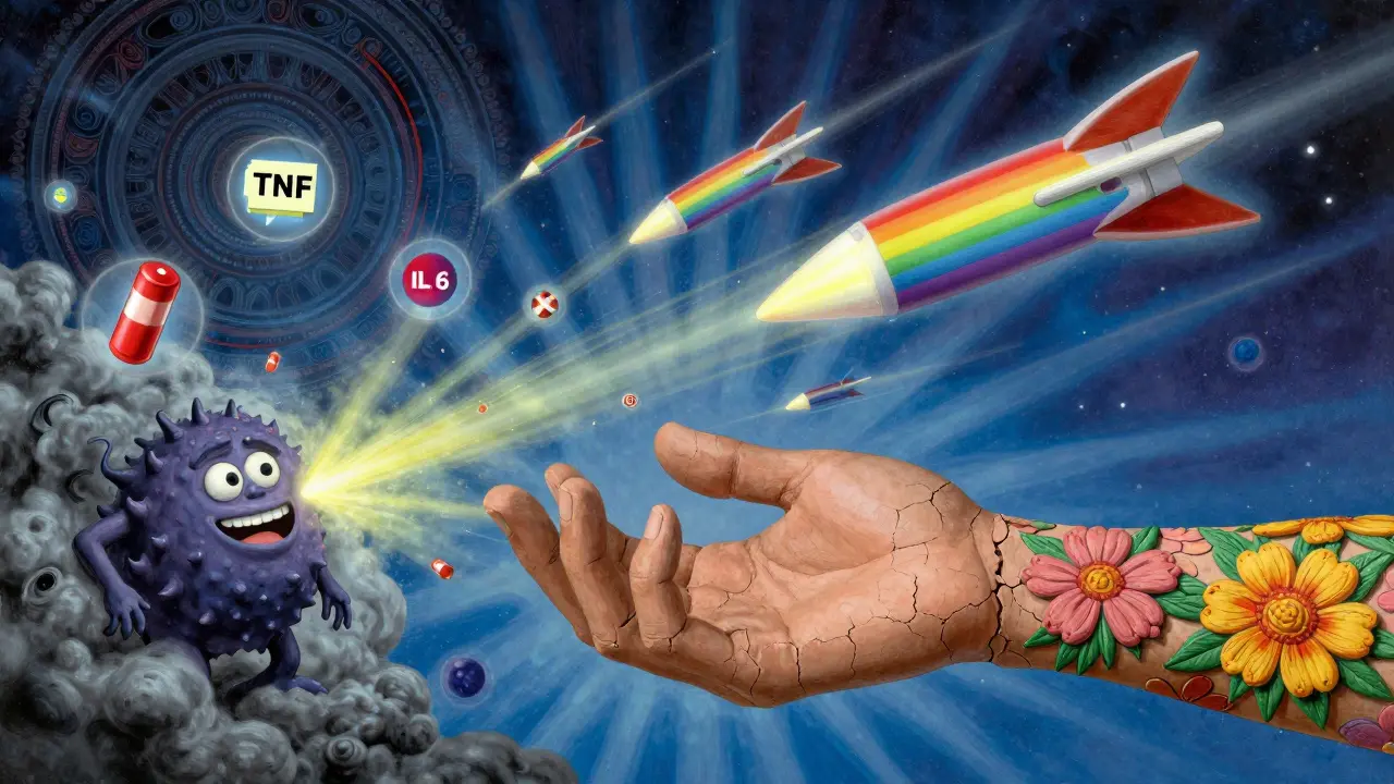 A hand healing as rainbow missiles destroy inflammation monsters.