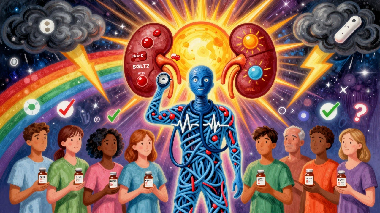 A heroic figure protects patients from dangerous meds as glowing kidney-shaped sun shines over safe alternatives in Peter Max style.