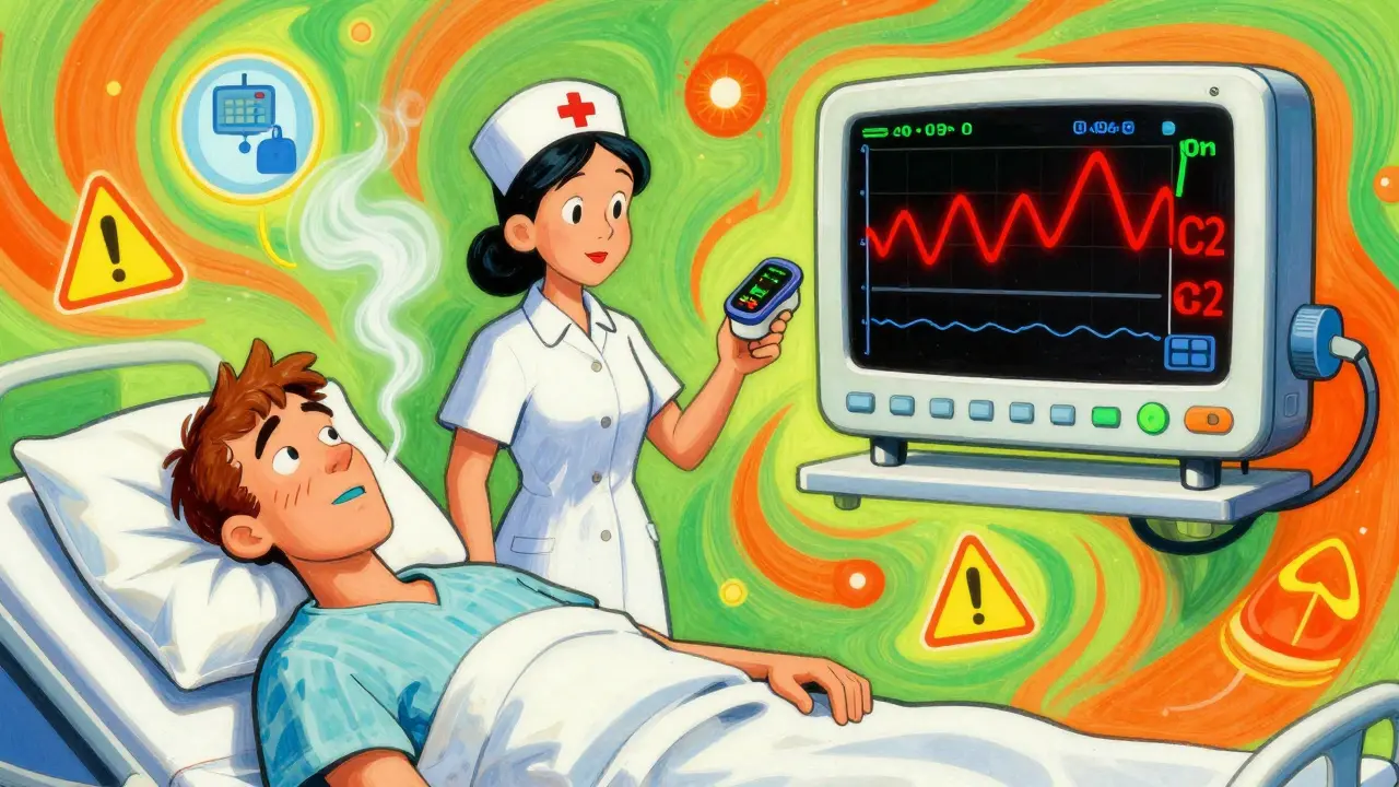 A hospital scene with glowing CO2 waves and ignored medical alarms in vibrant hues.