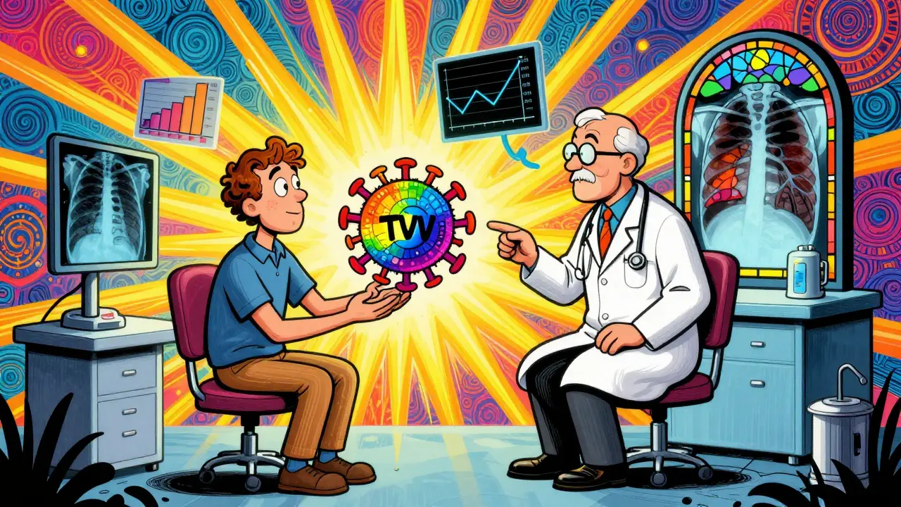 A patient and doctor in a floating clinic surrounded by swirling TTV virus, X-ray, and bone scan icons.