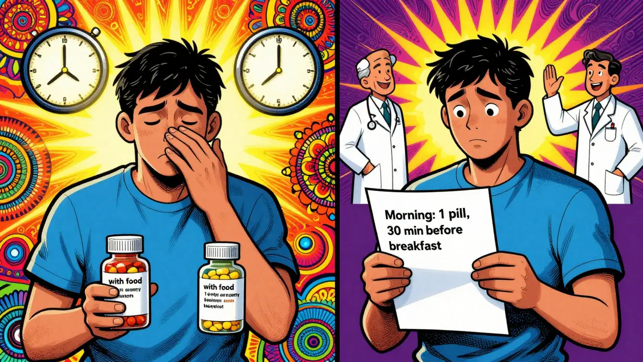 A patient compares two pill bottles with conflicting instructions, then receives a clear, handwritten schedule from a smiling healthcare team.