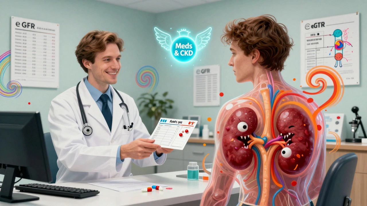 A patient receiving pills that turn into monsters, with a shrinking kidney visible inside their body in vibrant psychedelic art.
