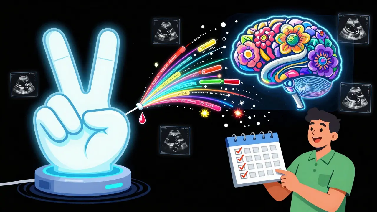 A peace-sign device turning blood into data streams flowing into a flower-shaped AI brain.