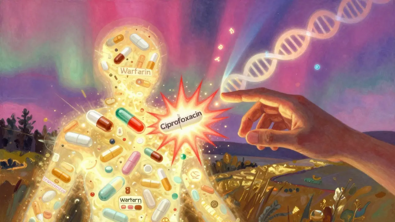 A person's body is a glowing landscape where medications collide, with DNA strands and warning lights nearby.