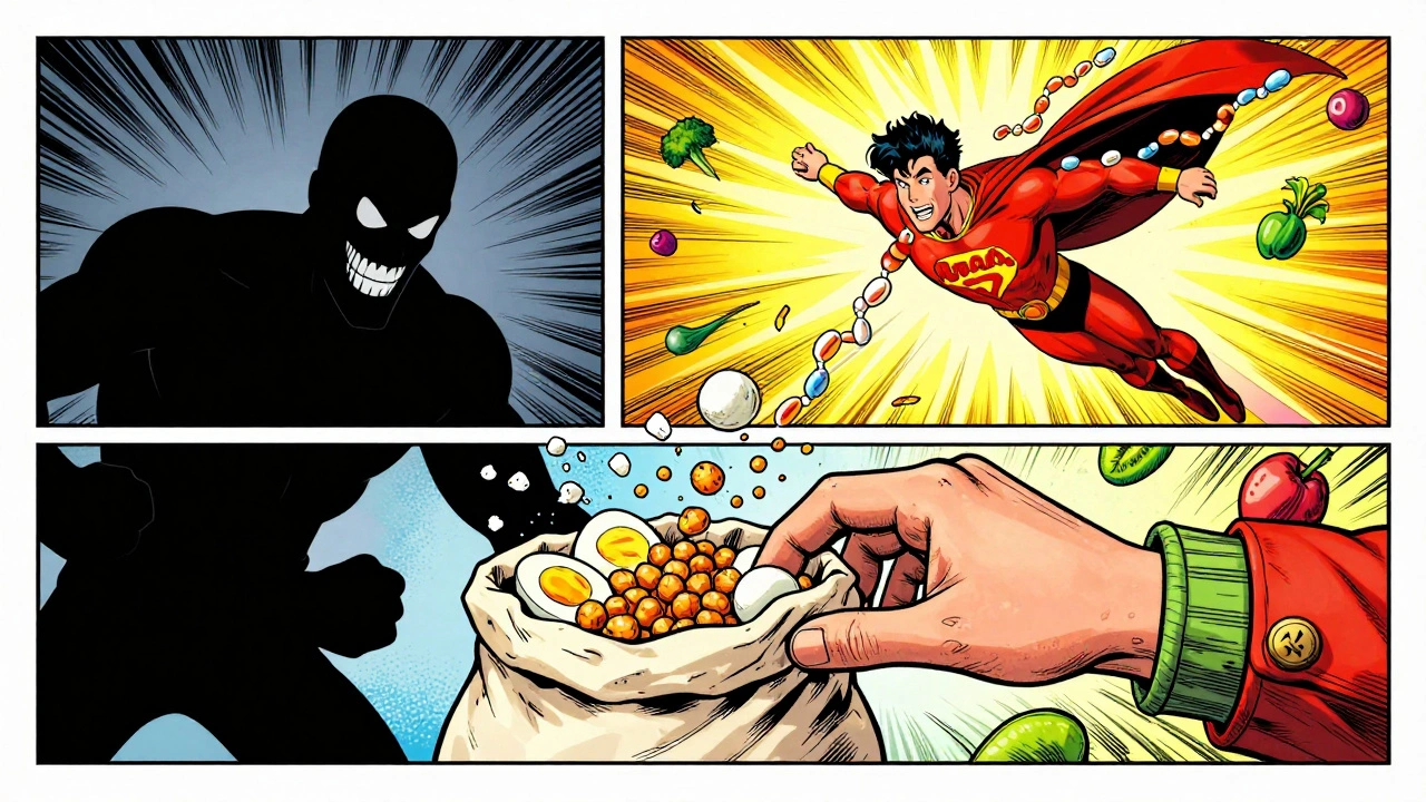 A person grabbing healthy snacks as a &#039;Sugar Crash&#039; villain breaks apart, while &#039;Protein Power&#039; soars above with a glowing amino acid cape.