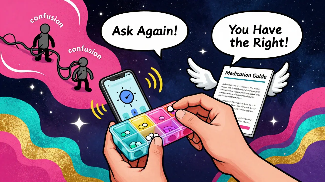 A person uses a colorful pill organizer and phone alarms while a floating Medication Guide hovers nearby, dispelling confusion.