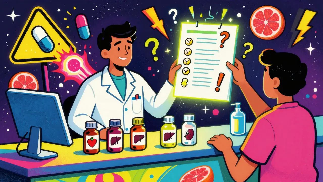 A pharmacist checks medicine bottles surrounded by animated warning signs and psychedelic patterns.