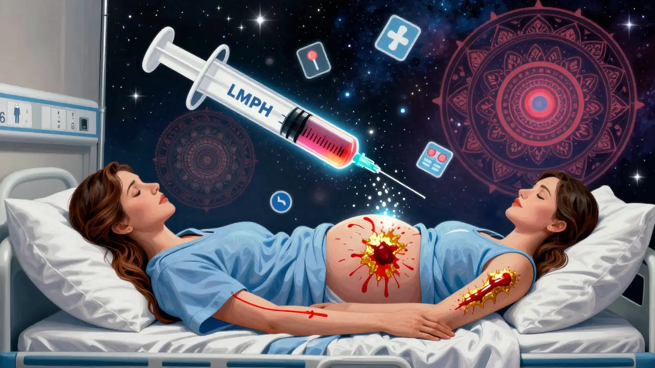 A pregnant woman with swirling drug particles, showing clot and bleeding risks in a cosmic medical scene.